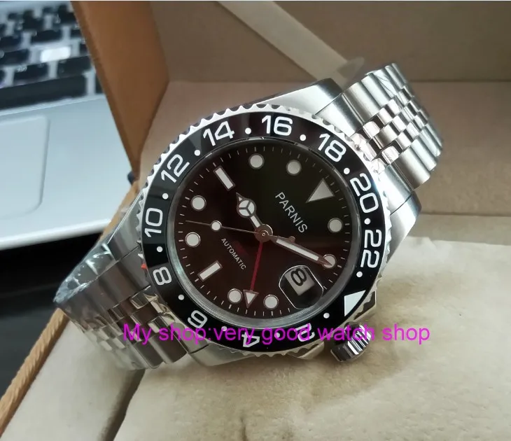Мужские автоматические часы PARNIS GMT 40 мм с черным керамическим ободком сапфировым