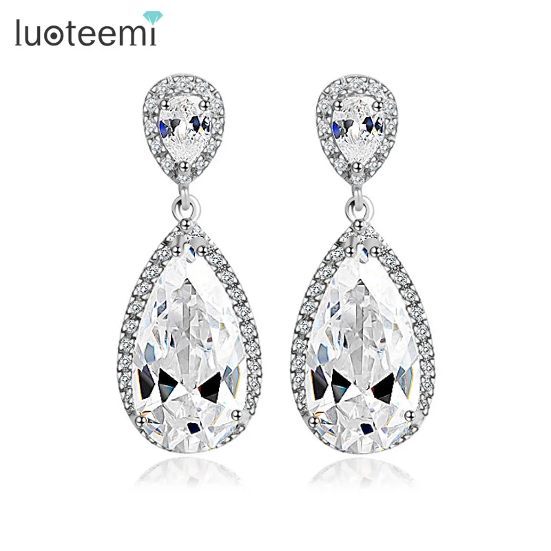 LUOTEEMI Elegant Teardrop Shape White CZ Stone Fashion Waterdrop Bridal Earrings for Sexy Lady Luxury Dinner Dress Accessories|bridal