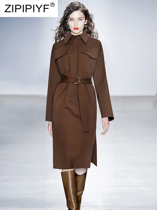 2019 новые весенние платья с отложным воротником Длинные рукава прорезные карманы