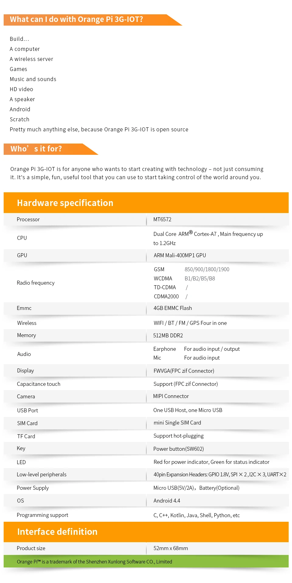 Orange Pi 3G-IOT-B 512MB Cortex-A7 4GB EMMC поддержка 3g sim-карты Bluetooth Android4.4 мини-ПК
