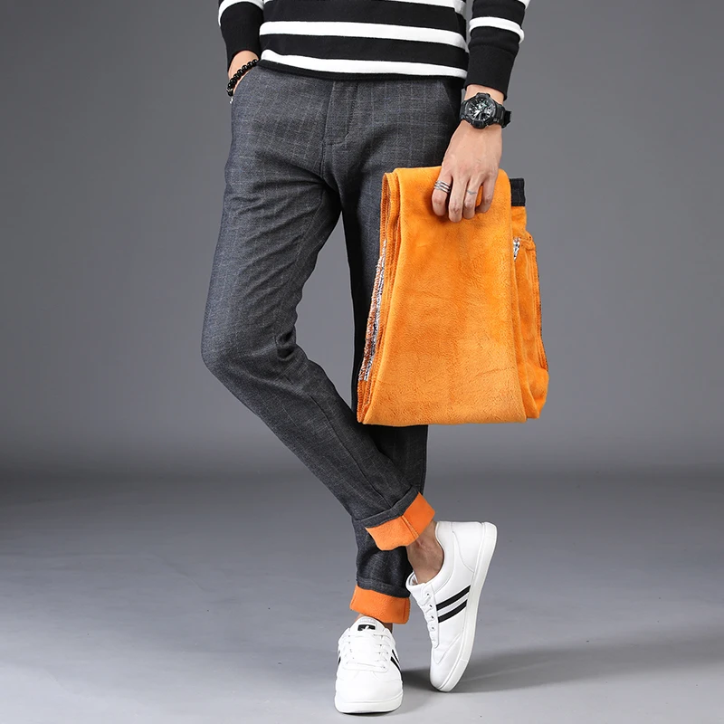 Мужские Slim Fit Повседневное Бизнес штаны в клетку из хлопка с флисовой подкладкой