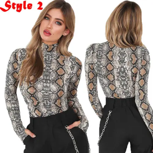 Новые пикантные с длинным рукавом Leopard женский боди-костюм боди змеиной кожи