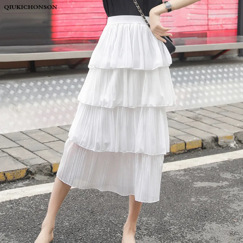 

Cute Ladies Cascading Ruffle Skirts Pleated 2019 Spring Summer Women High Waisted A-Line Long Midi Chiffon Skirt saia plissada