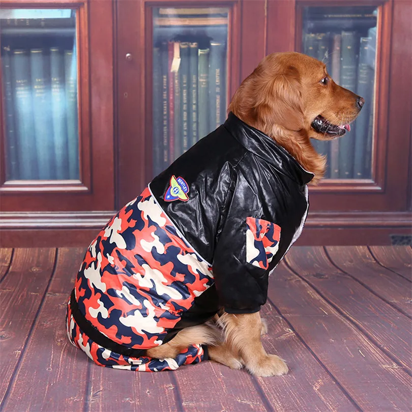 orange Camouflage PU sleeve stitching Big dog coat warm Thick Camouflage dog clothes for large dogs dog jumpsuit windbreaker parka para perro - Цвет: orange Camouflage