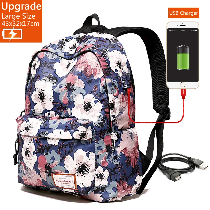 Upgrade-Large-Gray Large Bagpack Women 15.6 Inch Laptop Backpack with USB Charger Female Print Back Pack Bags for School Teenage Girl Backbag Woman - Цвет: Upgrade-Large-Gray