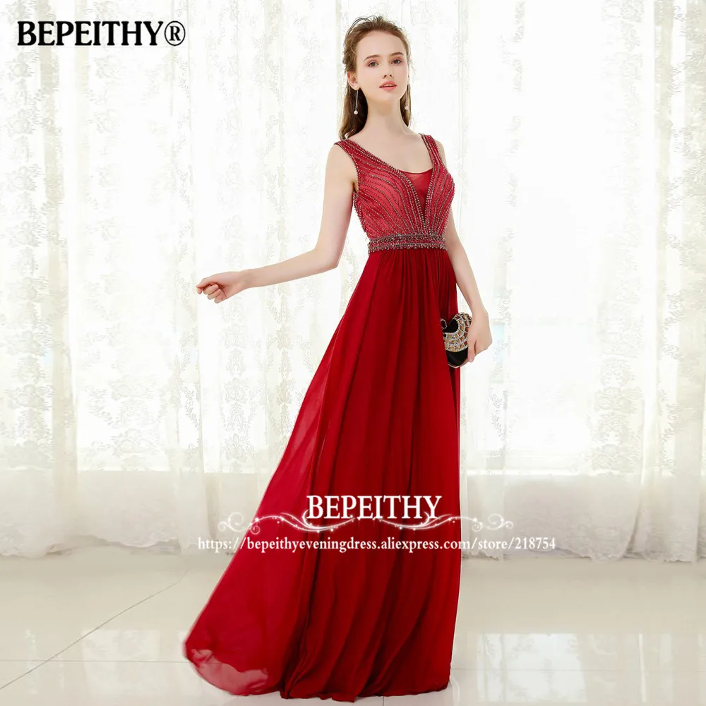 BEPEITHY Vestido Longo Красное длинное вечернее платье с бисером Топ сексуальное без