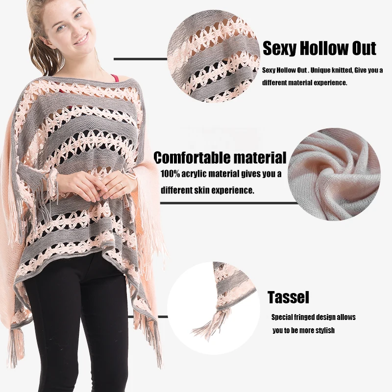 

Summer Autumn Women Poncho Kint Pearl Sleeveless Hollow scarf Woman Pullover Tassel Freedom Soft Poncho And Capes