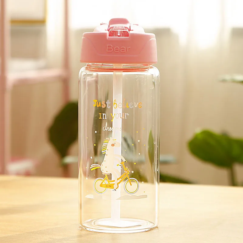 400ml Pink Стеклянная бутылка для воды с единорогом для детей с соломинкой и откидной крышкой для девочек, герметичная дорожная бутылка для напитков без бисфенола, 300 мл, 400 мл - Цвет: 400ml Pink