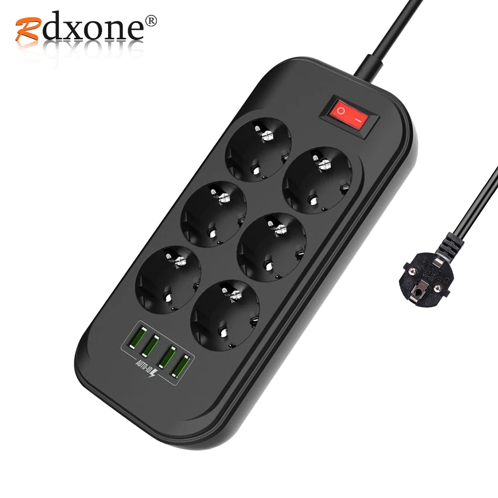 Rdxone ЕС умная розетка питания 4 USB 6 розетки переменного тока, 2 м шнур питания настенное зарядное устройство адаптер для домашнего офиса глобальный