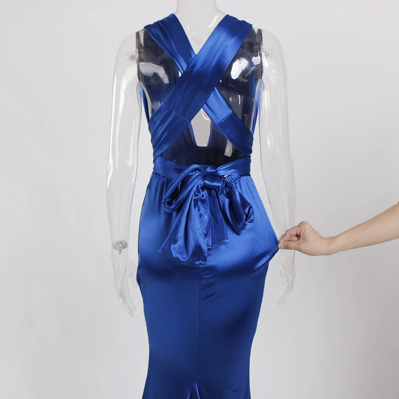 Синее бордовое атласное платье Русалка элегантное вечернее с открытой спиной