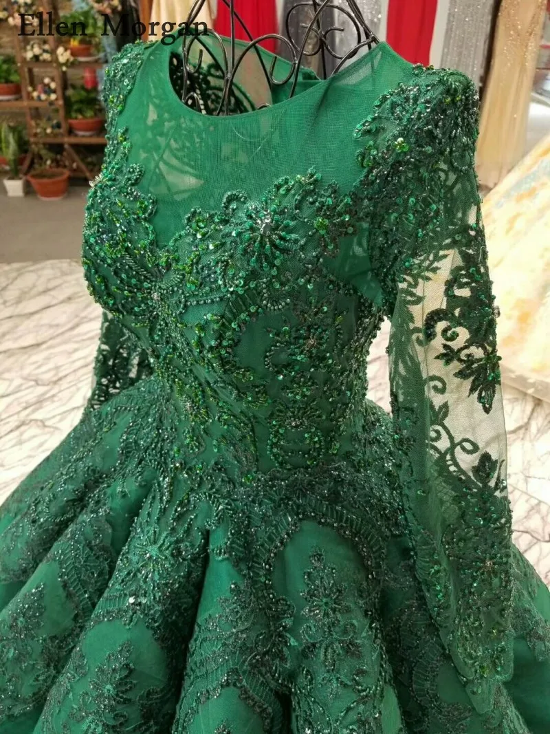 High Quality Green Ball Gowns Wedding Dresses 2019 Saudi Arabian Dubai Lace up Vintage Long Sleeves Muslim Bridal Gowns