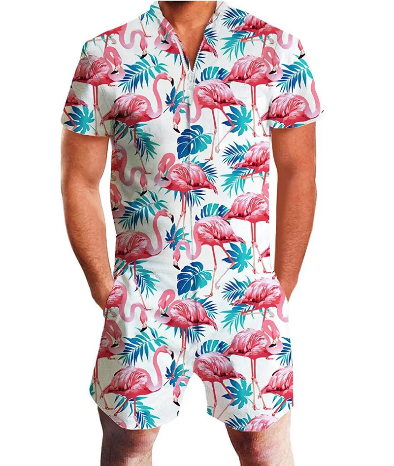Men 3D Graphic One Piece Romper Men Casual Zipper Short Sleeve Summer Jumpsuit With Pocket Leopard Print Summer Beach Set