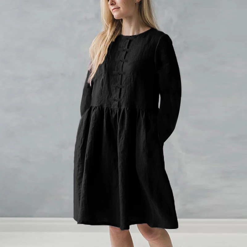 Black 2 Лето, винтажное льняное платье, женское, короткий рукав, пуговицы, одноцветные, повседневные, вечерние, длинные платья-рубашки, Vestidos размера плюс, 5XL - Цвет: Black 2