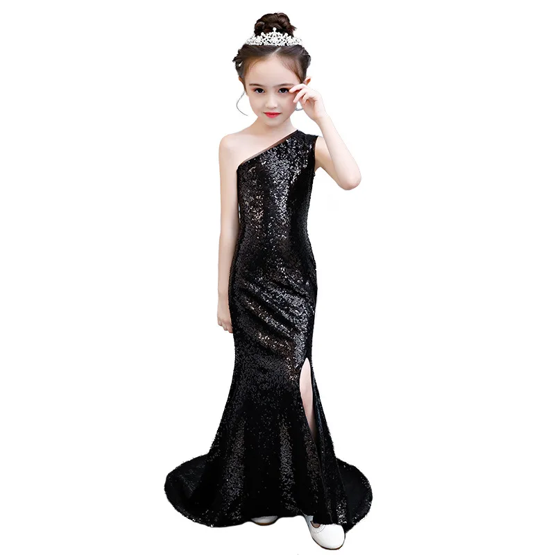 

Black Sequin Mermaid Dress Age For 3-14 Yrs Teenage G16,s One-shoulder Vintage Noble Graduation Gowns Evening Party Kids Frocks