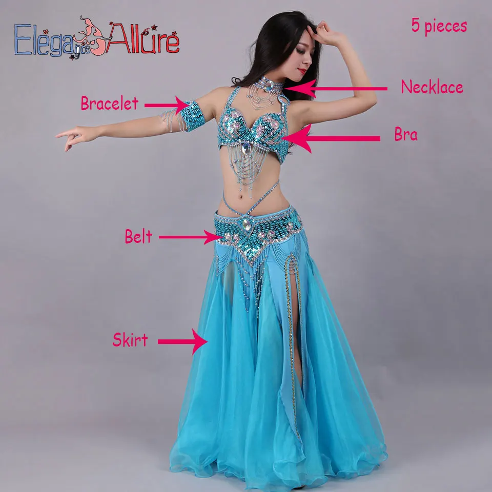 Blue 5pcs E&A 5 шт. Набор для танца живота бюстгальтер юбка ожерелье браслет пояс наборы танец живота Болливуд костюм для женщин женское платье для сцены - Цвет: Blue 5pcs