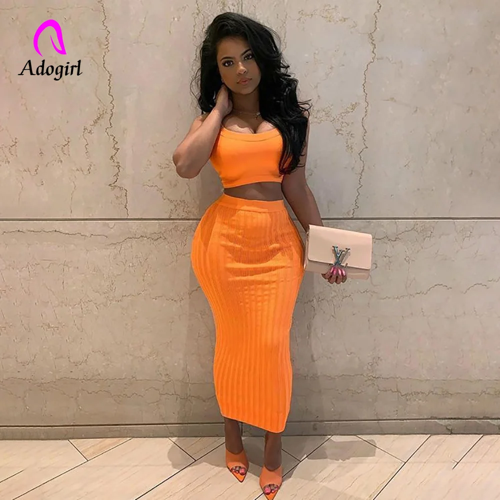 Неоновый комплект из 2 предметов Женский Оранжевый вязаный костюм с открытыми