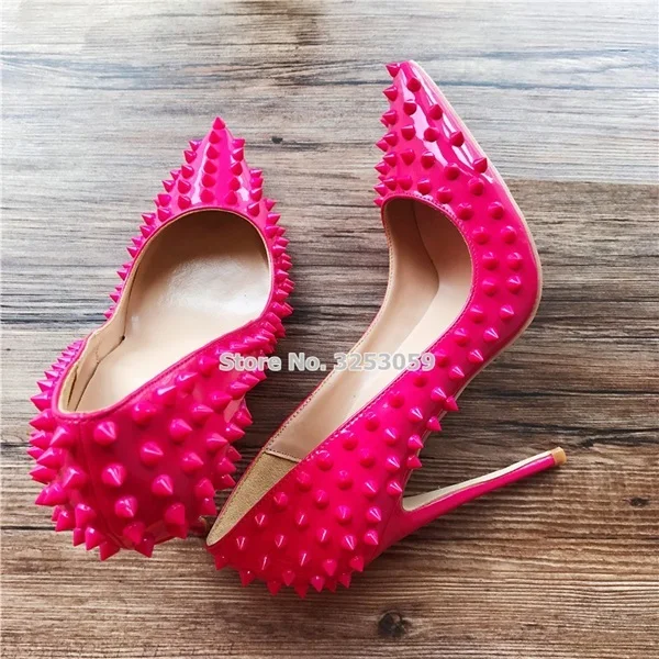 fuchsia 12cm heel ALMUDENA/туфли-лодочки с заклепками на каблуке 12 см, 10 см, 8 см модельные туфли с острым носком на шпильке дизайнерская Свадебная обувь с закрытым носком размеры 45 - Цвет: fuchsia 12cm heel