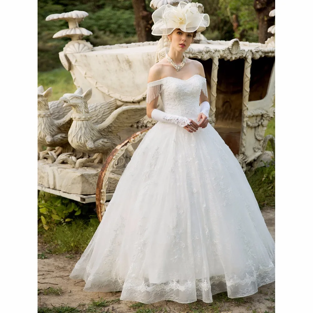 LAN Ting невесты бальное платье свадебное от плеча до пола Длина Кружево с Бисер