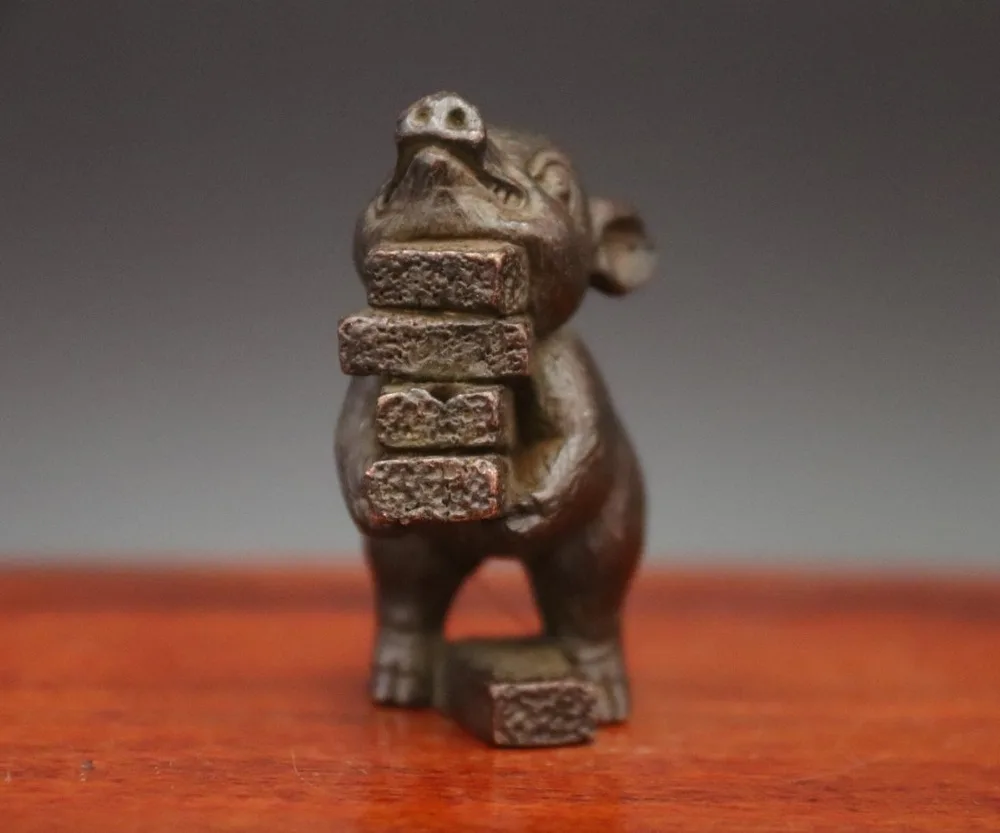 5CM red Copper Bronze Chinese Zodiac Fengshui Animal Pig hog Carry bricks Statue | Statues &amp Sculptures