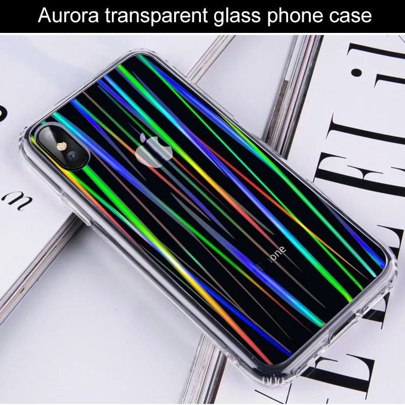 Aurora transparent Чехол из закаленного стекла для iPhone 6 7 8 plus X XS чехол для max XR стеклянная крышка для iPhone 7 x R 6 8 plus xs max чехол для телефона i чехол для телефона 7 - Цвет: Aurora transparent