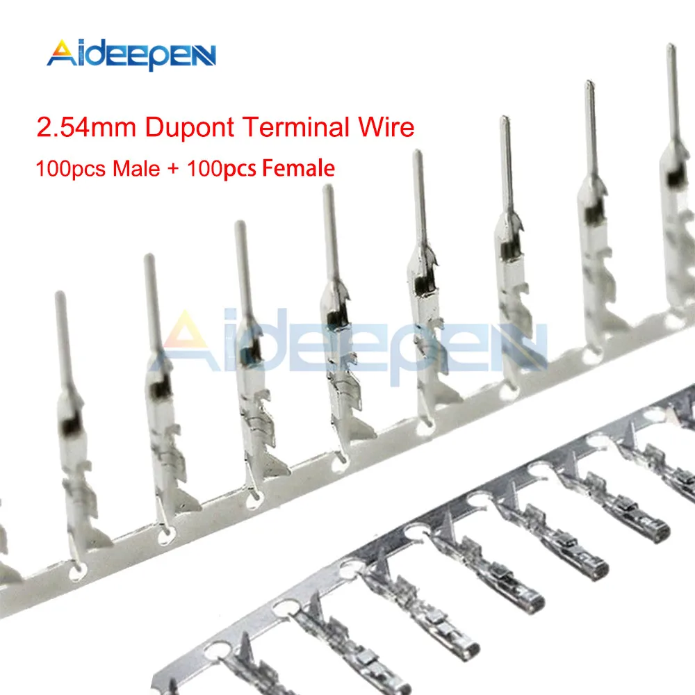 

100pcs male + 100pcs Female 2.54mm Dupont Reed Dupont Jumper Wire 2.54 Dupont languette Connector Terminal Pins Crimp
