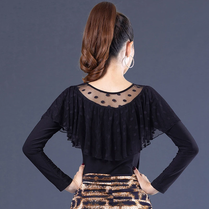 

Professional Latin Ballroom Dance Tops Cheap Sexy Lotus Leaf Collar Long Sleeve Ice Silk Tops Salsa Latin Dance Girl YR0908