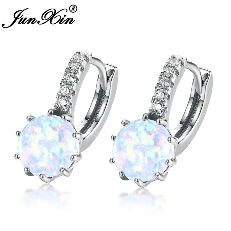 Silver White Opal Модные женские круглые серьги-кольца в стиле бохо, 925 пробы, серебряные свадебные ювелирные изделия, белые, синие огненные серьги с камнями-опалами для женщин - Окраска металла: Silver White Opal