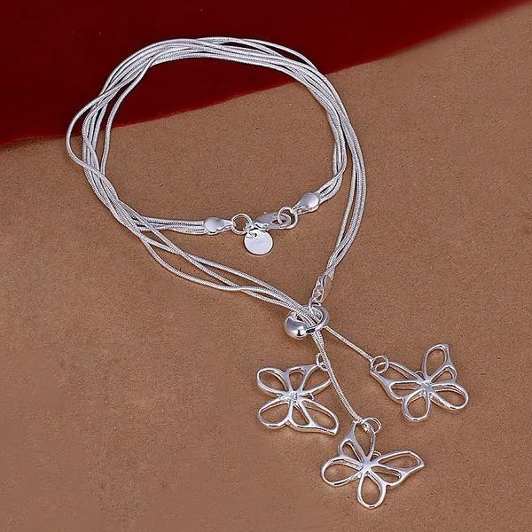 Women's jewelry 925 stamp silver plated three Butterfly charms Taiji Hanging necklace Colar de Prata gift pouches free shipping |