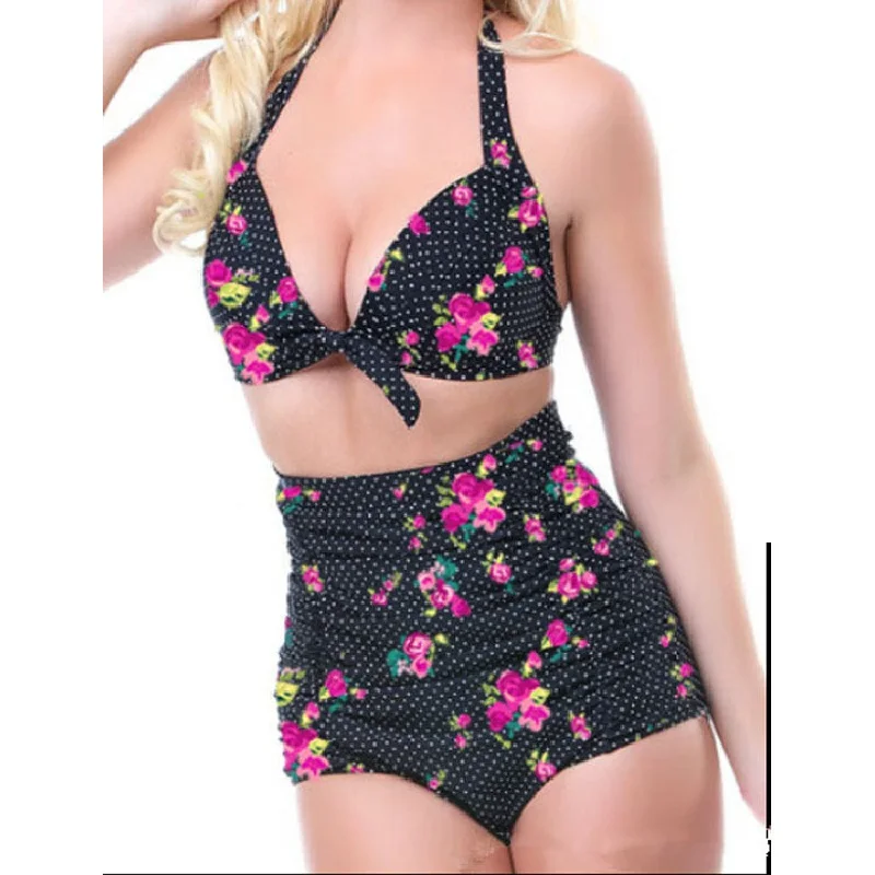 New Arrival Retro Wave Point Swimsuit Ladies Sexy Push Up Halter High Waist Bikini Set Swimwear Maillot De Bain Bathing Suits |