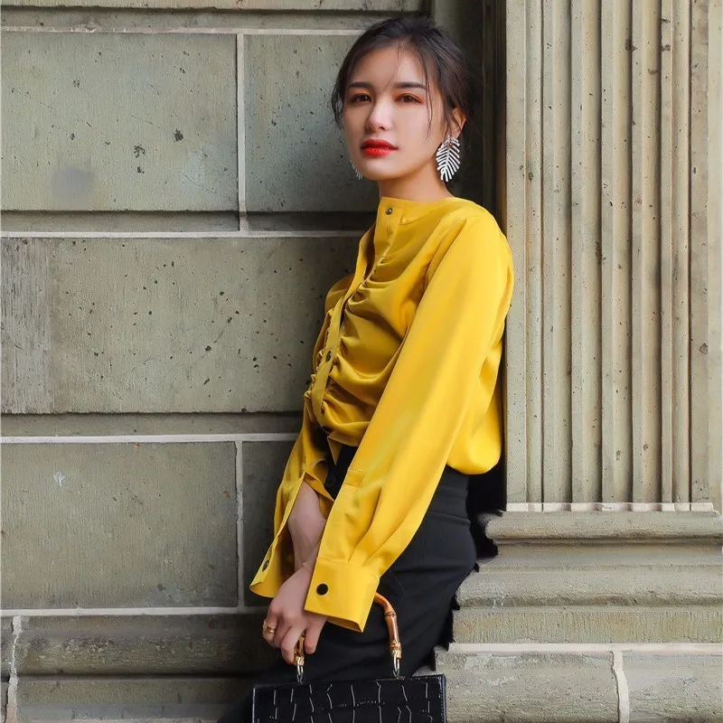 TWOTWINSTYLE Ruched рубашка Топ для Для женщин Однобортный желтого цвета с длинными