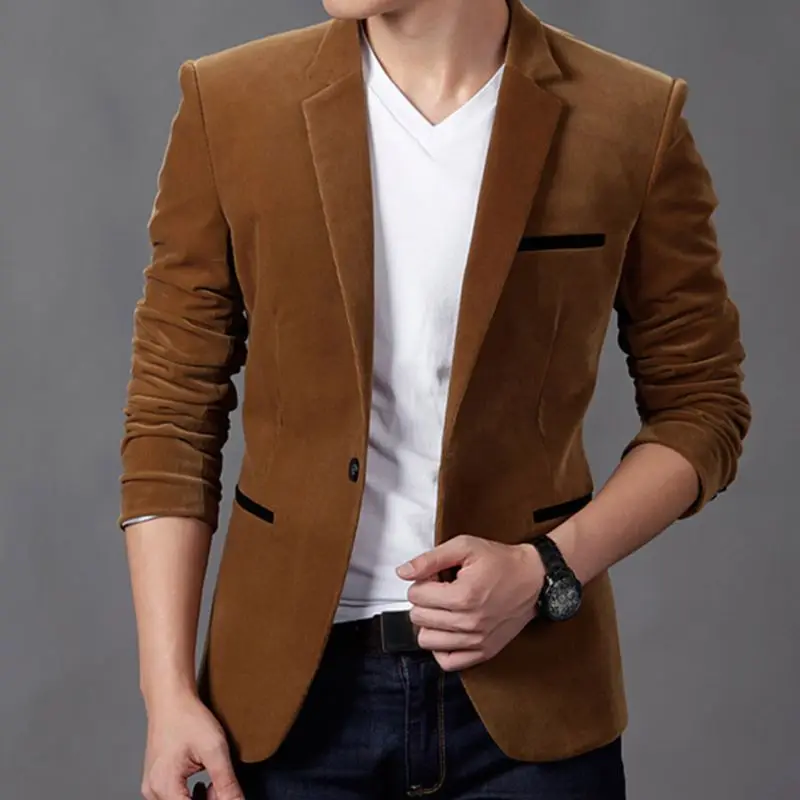 Men Plus Size Vintage Long Sleeve British Style Blazer Jacket Corduroy Notched Lapel Collar Coat Slim Single Breasted Outwear