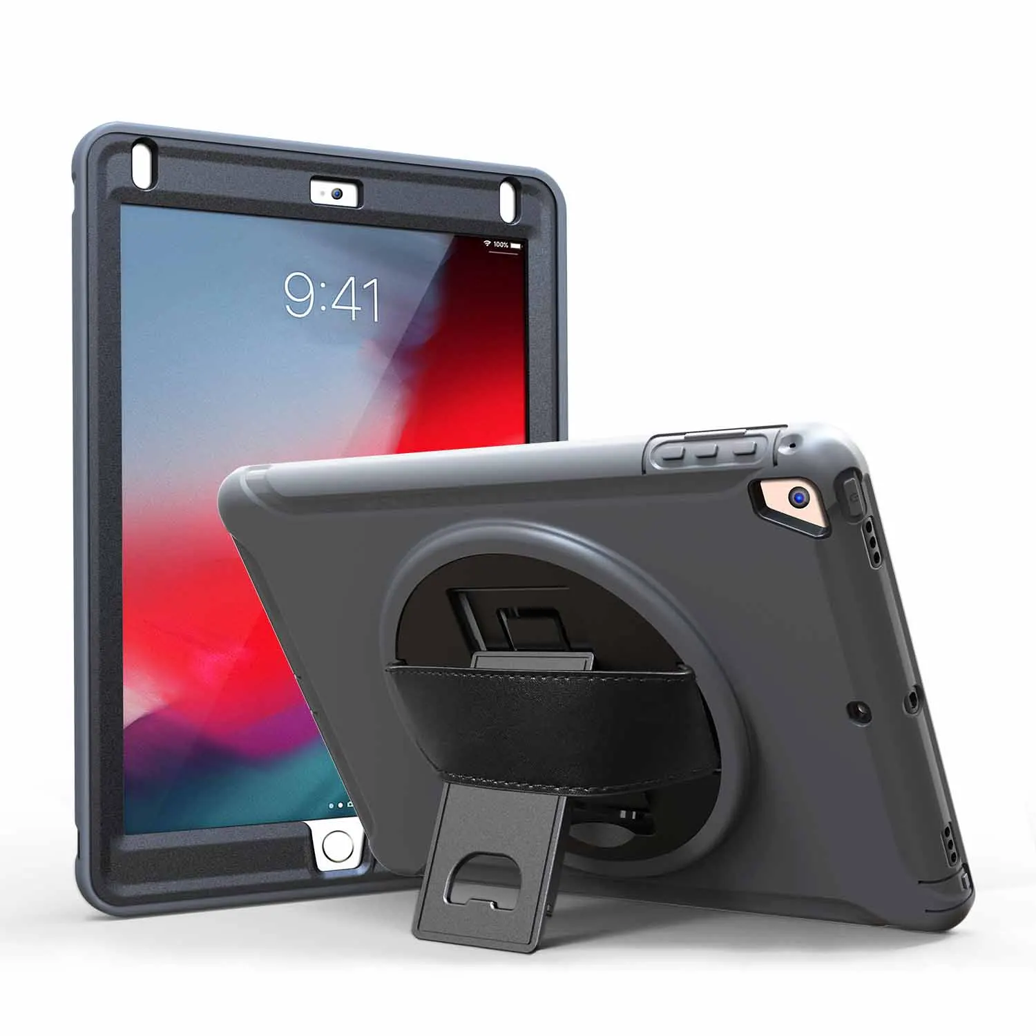 grey Для iPad 9,7 дюймов / чехол вращающийся на 360 Гибридный ТПУ+ PC ударопрочный Прочный чехол-подставка с ремешком на руку для iPad 5th 6th Gen - Цвет: grey