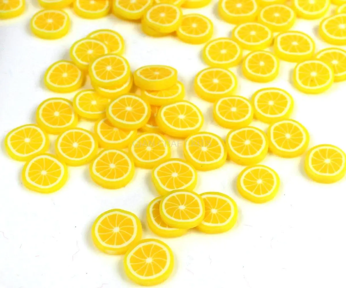

500pcs Lemon Polymer Clay Fruit Cane Slices10mmn Decoden Sweets Kawaii Scrapbooking Beads, Bright Citrus yellow Lemon