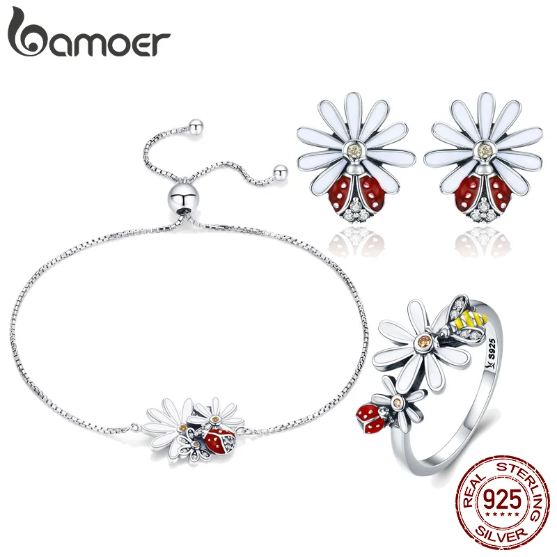 BAMOER, Весенняя коллекция, 925 пробы, серебряный, цветок маргаритки, ювелирный набор, женские браслеты, кольца, набор, серебряные Роскошные ювелирные изделия ZHS094