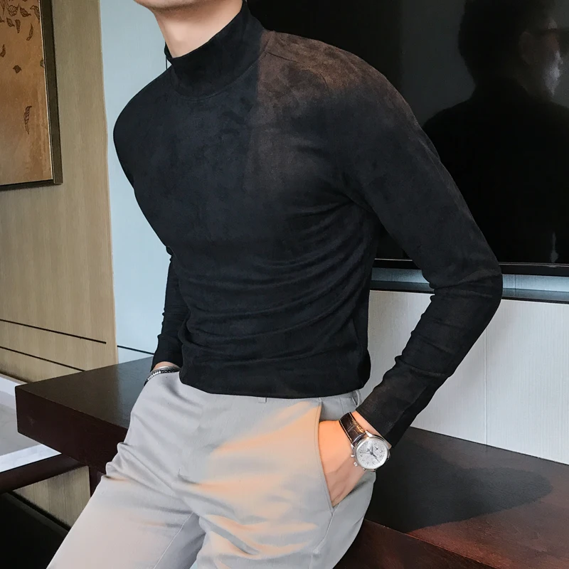 Brand New Men T-Shirt Fashion 2018 Autumn Winter Suede Warm T Shirts Mens Long Sleeve Slim Fit Half High Collar Tee Shirt Homme | Мужская