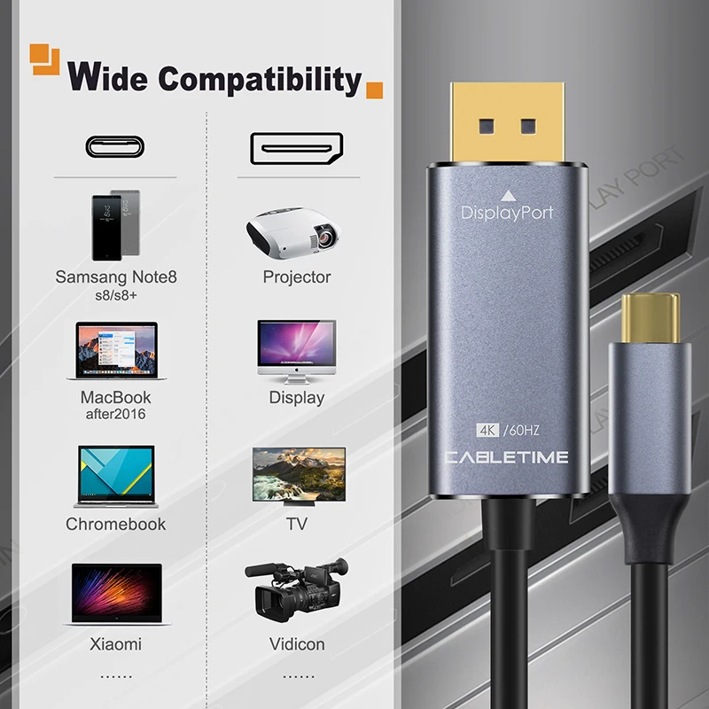 Кабель CABLETIME с USB C на DisplayPort 4K 60 Гц 3 1 Type Thunderbolt DP адаптер UHD внешнее видео C031|Кабели