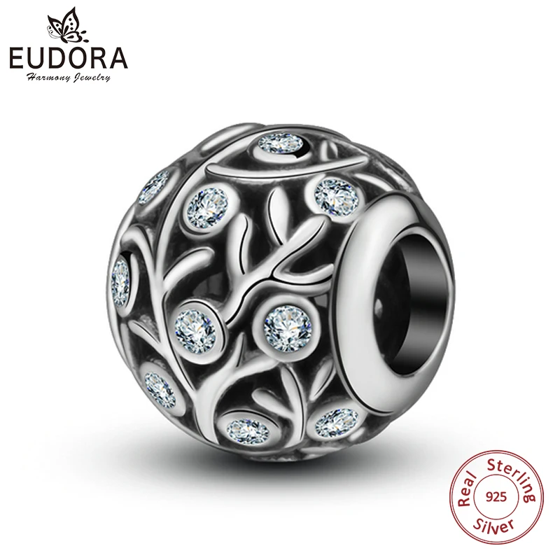Браслет Eudora 100% серебряные бусины 925 пробы кораллового цвета с фианитами подходит