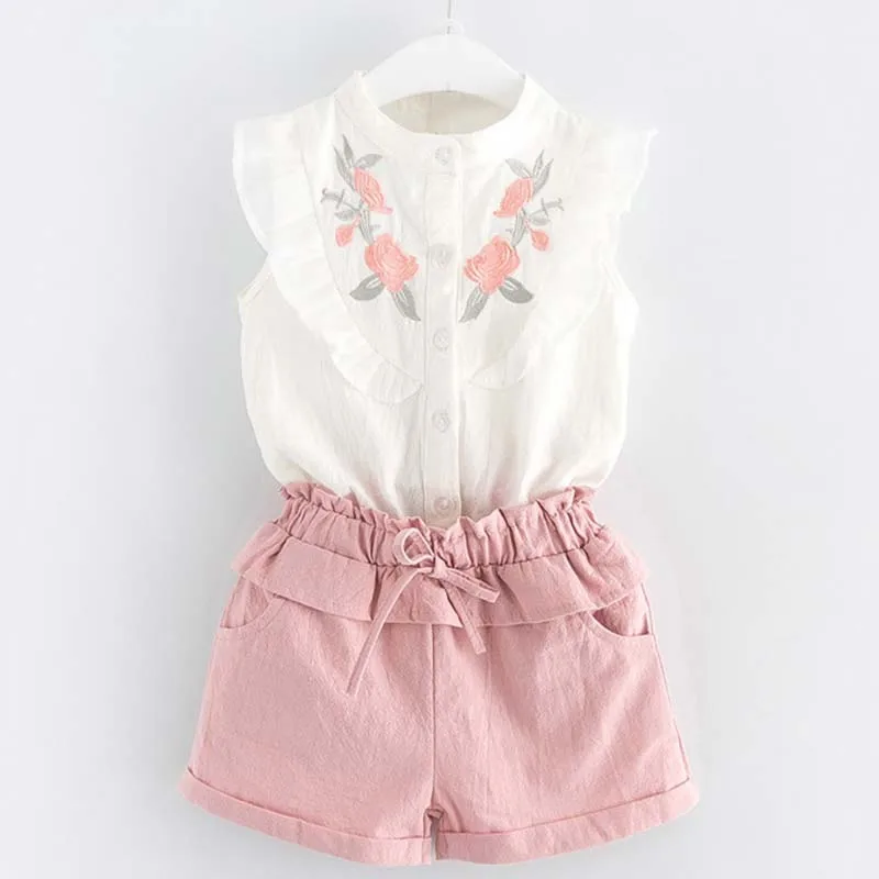 girls clothes set Модные топы с цветочной вышивкой, блузка+ шорты, платье с поясом, комплекты для девочек, летние спортивные костюмы, Crianca Roupas - Цвет: girls clothes set