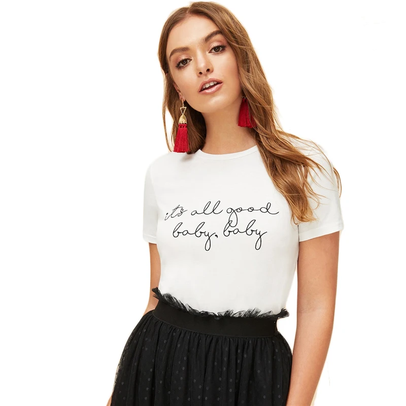 SHEIN белая футболка с надписью и надписью, облегающая футболка с коротким рукавом и круглым вырезом, женская летняя повседневная футболка