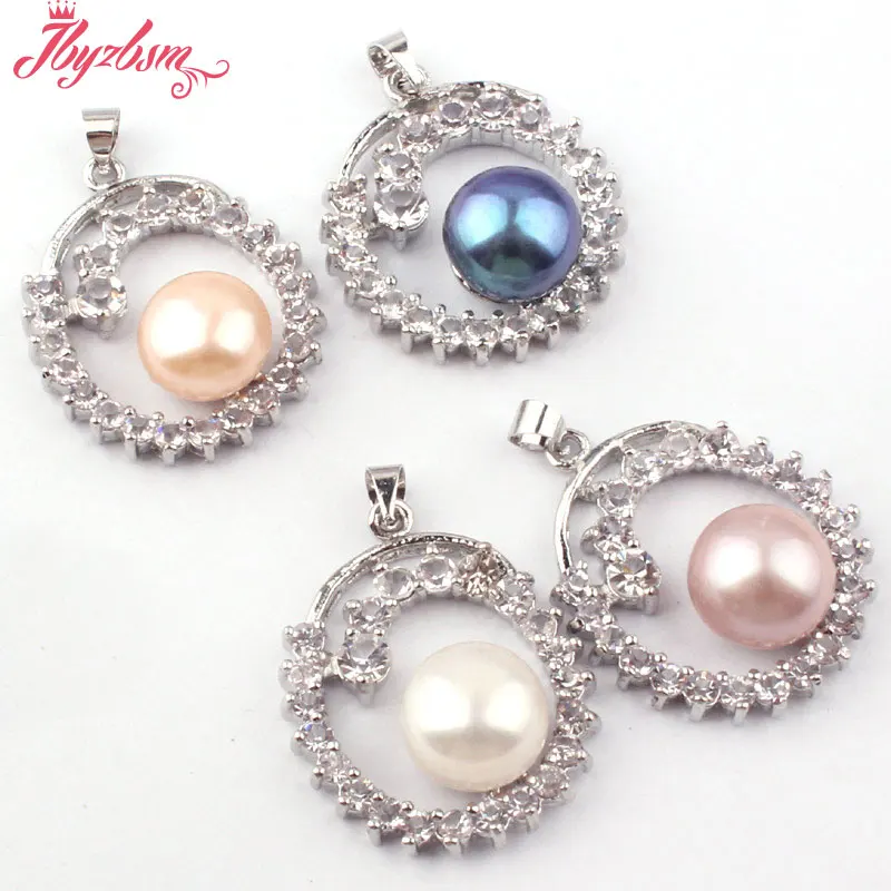 

10mm Natural Round Freshwater Pearl,CZ Crystal Stone Beads,Tibetan Silver Fashion For Christmas Gift Pendant 1 Pc Length:24mm