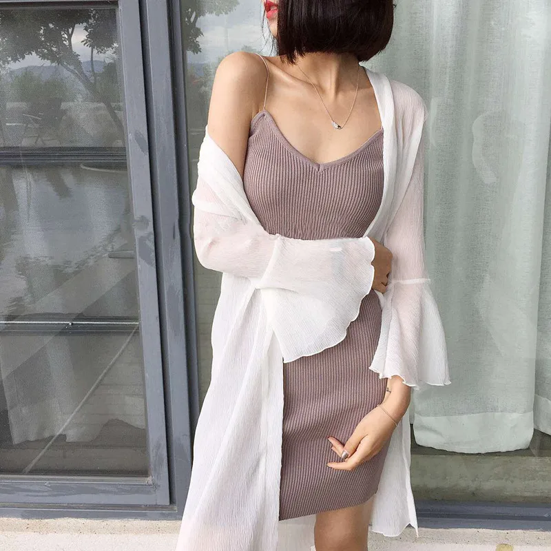 Summer Blouse Women Clothing Prevent bask in Casual Chiffon Flare Sleeve Long Blouse Cardigan White Pink Gray Blouse Shirt