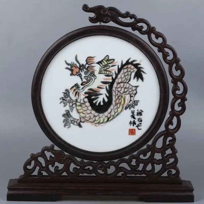 China Exquisite Handmade Zodiac Dragon pattern Porcelain Screen Wooden stent | Дом и сад