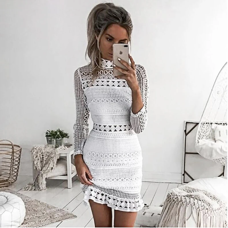 2018 женское белое повседневное кружевное платье Осеннее элегантное лоскутное