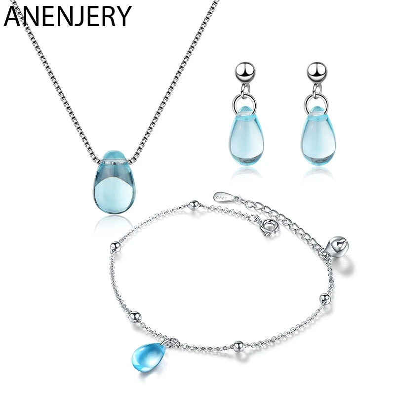ANENJERY, 925 пробы, серебряные ювелирные наборы, синяя капля воды, слезы, ожерелье+ серьги+ браслет для женщин, подарок, летние ювелирные изделия