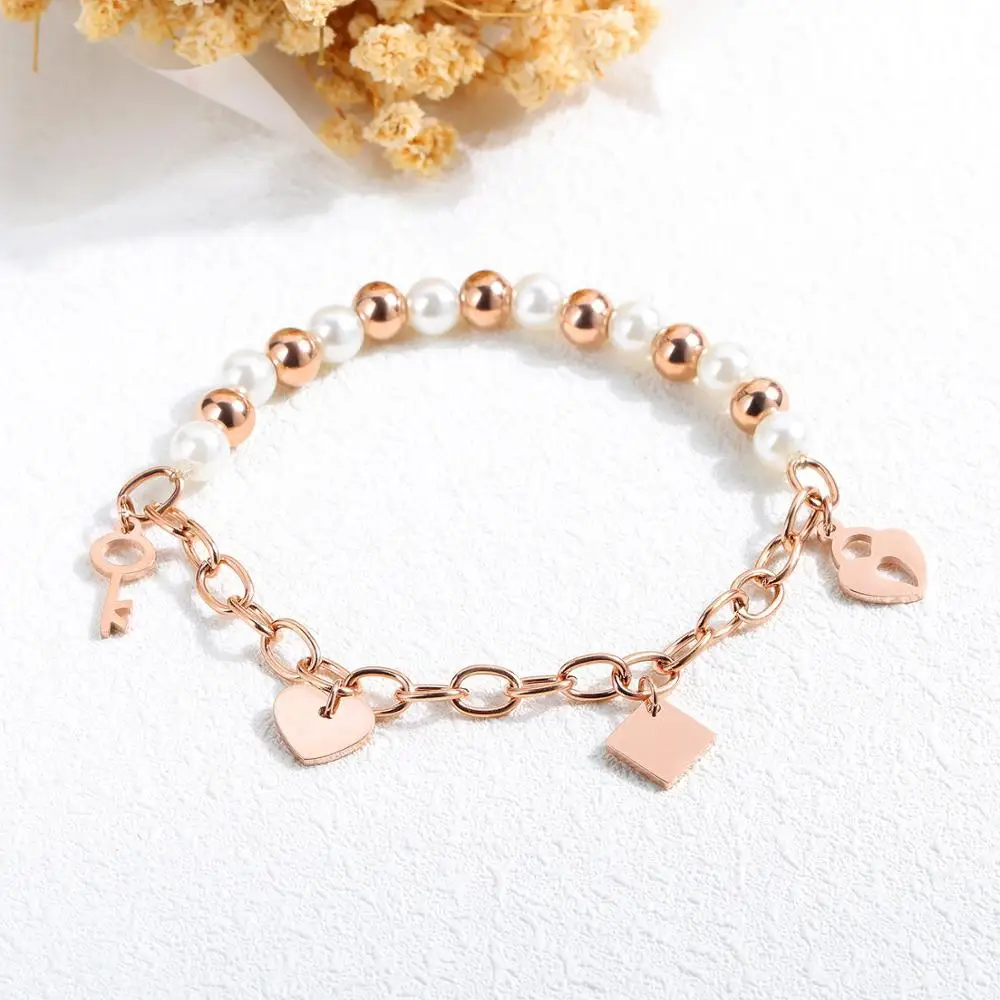 Stainless Steel Silver Rose Gold Color Love Heart Square Pattern Decorating Chain Bracelets New Fashion Jewelry Gift for Woman | Украшения