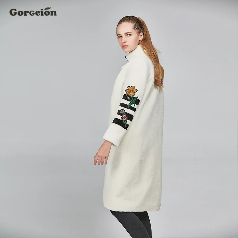 Gorgeion Мех животных зимнее пальто стекаются зима девять четверти рукав Вышивка