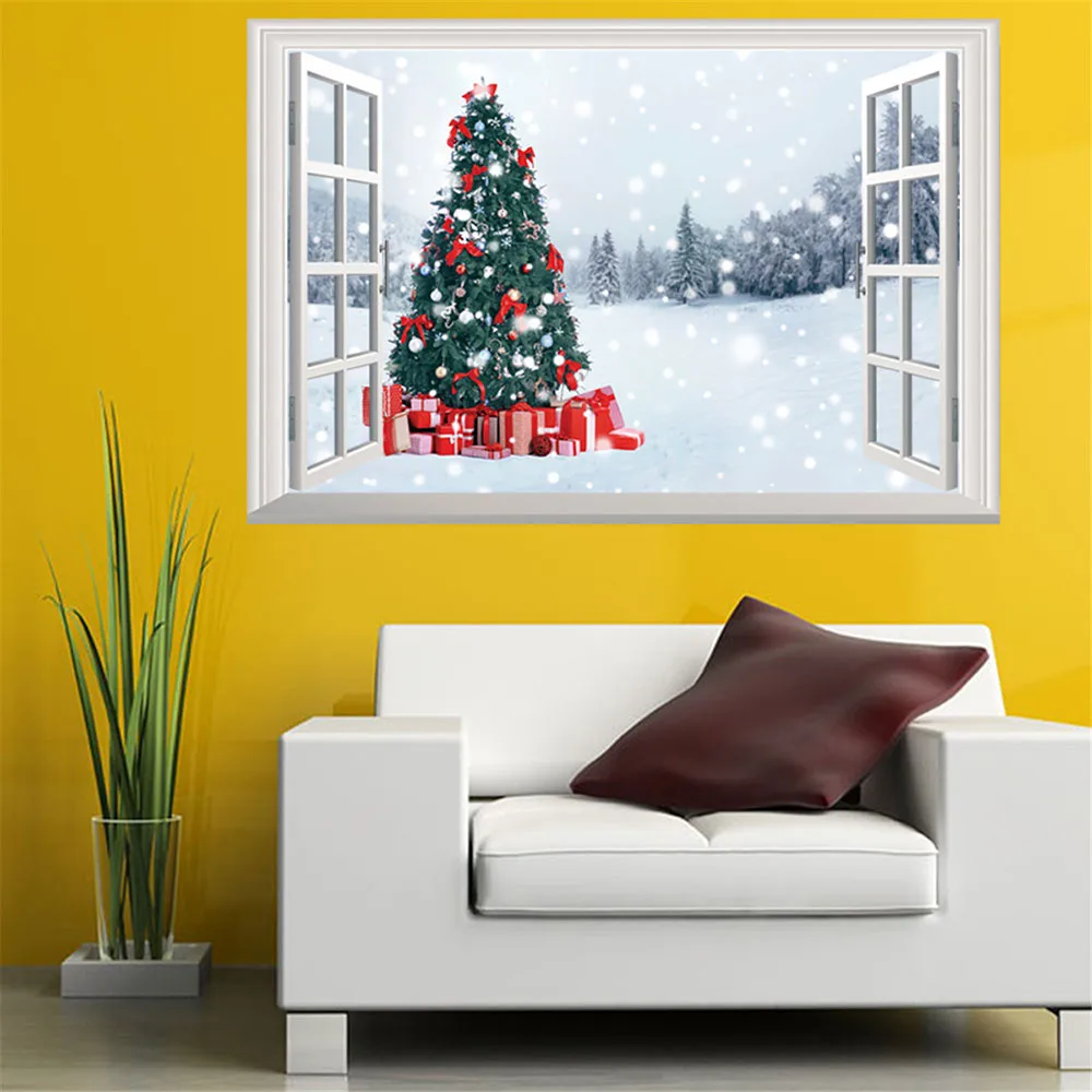 Merry Christmas 3D поддельные окна обои Санта Клаус Рождественская елка иллюстрация дома гостиная спальня арт деко стикер стены