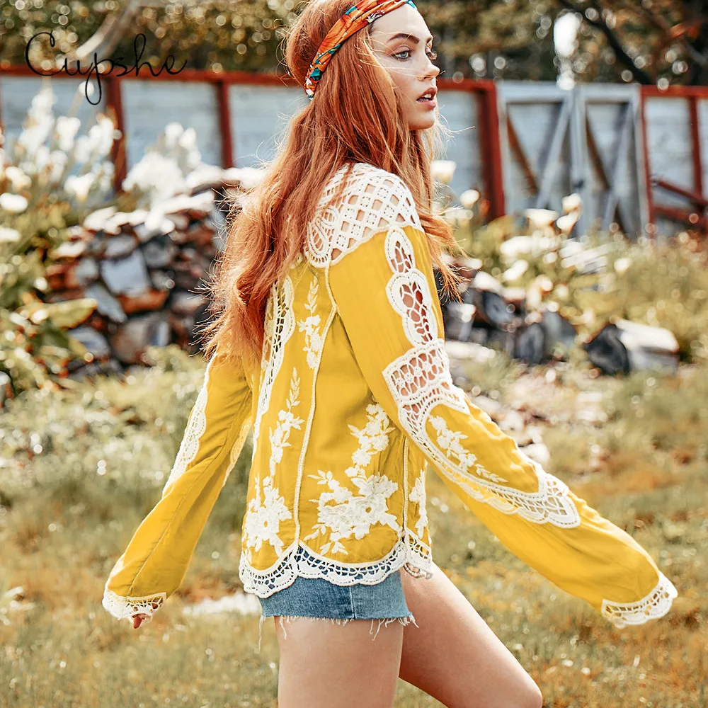CUPSHE женская желтая кружевная кроше топы Сексуальная Свободная блузка Футболка