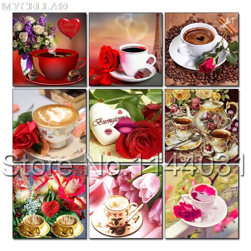 

5D DIY Diamond Painting "Coffee & Rose" Embroidery Full Square Drill Cross Stitch Rhinestone Mosaic Painting Decor Flower Gift