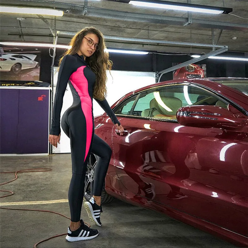 Женский сексуальный комбинезон для фитнеса цельный с длинным рукавом и молнией